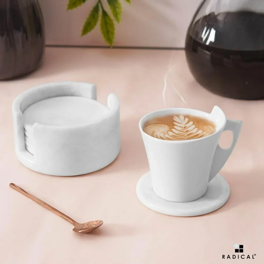 Marble Coasters Set of 6 White 3.5 Inch Round Coaster for Drinks with Holder, Dr